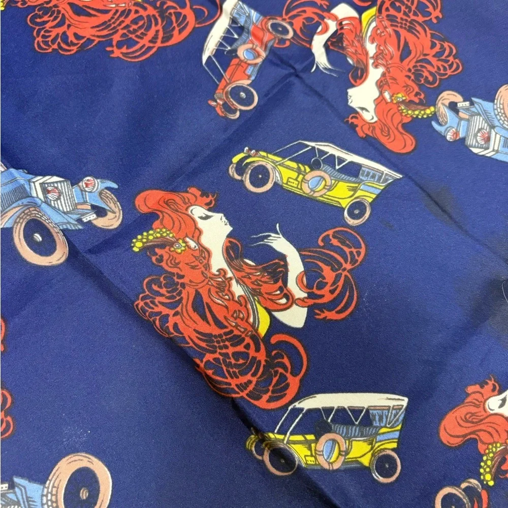 blue silk head scarf antique red and yellow cars and red-haired women